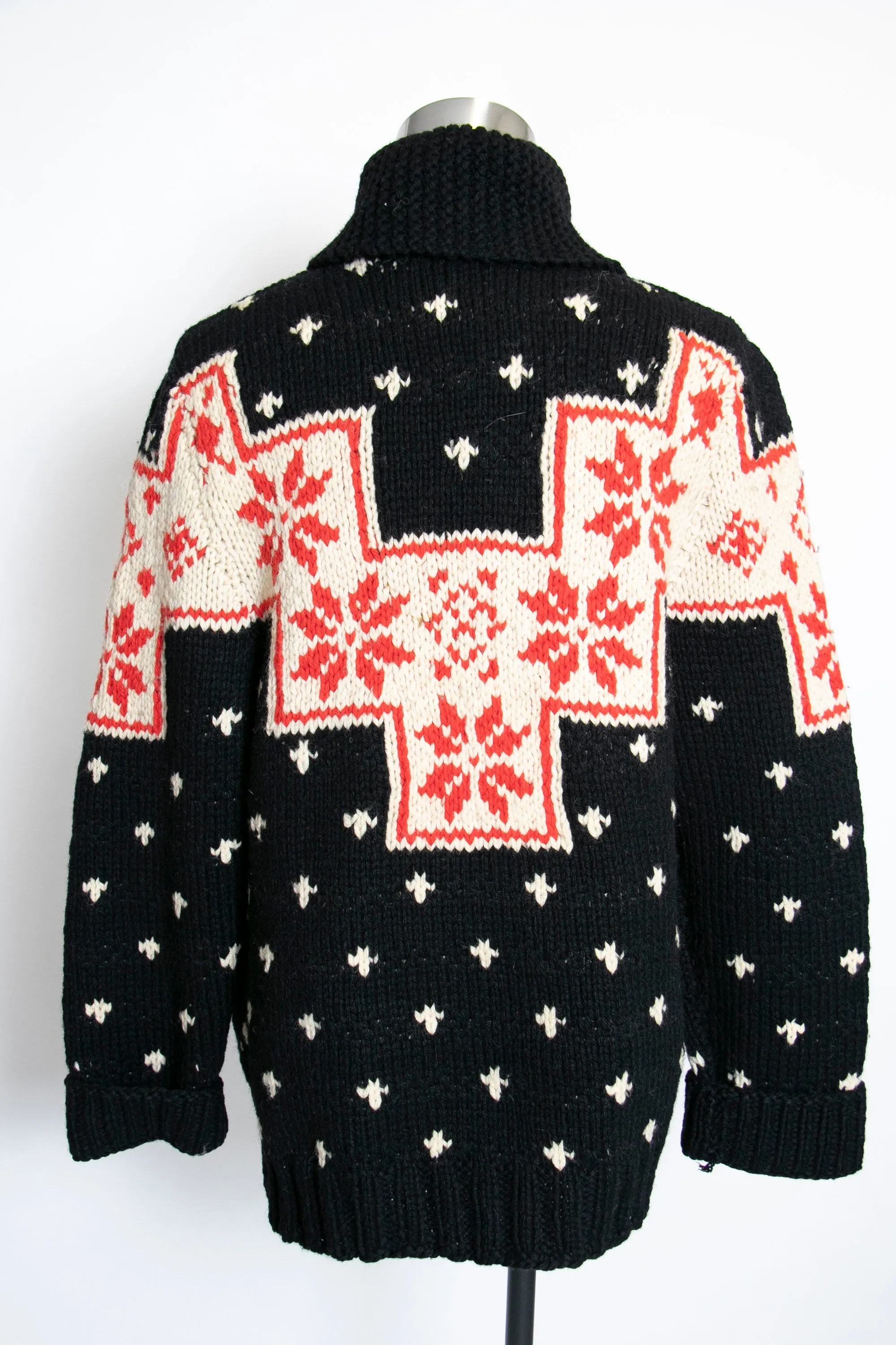 1960s Sweater Snowflake Cardigan Black Wool Knit Large