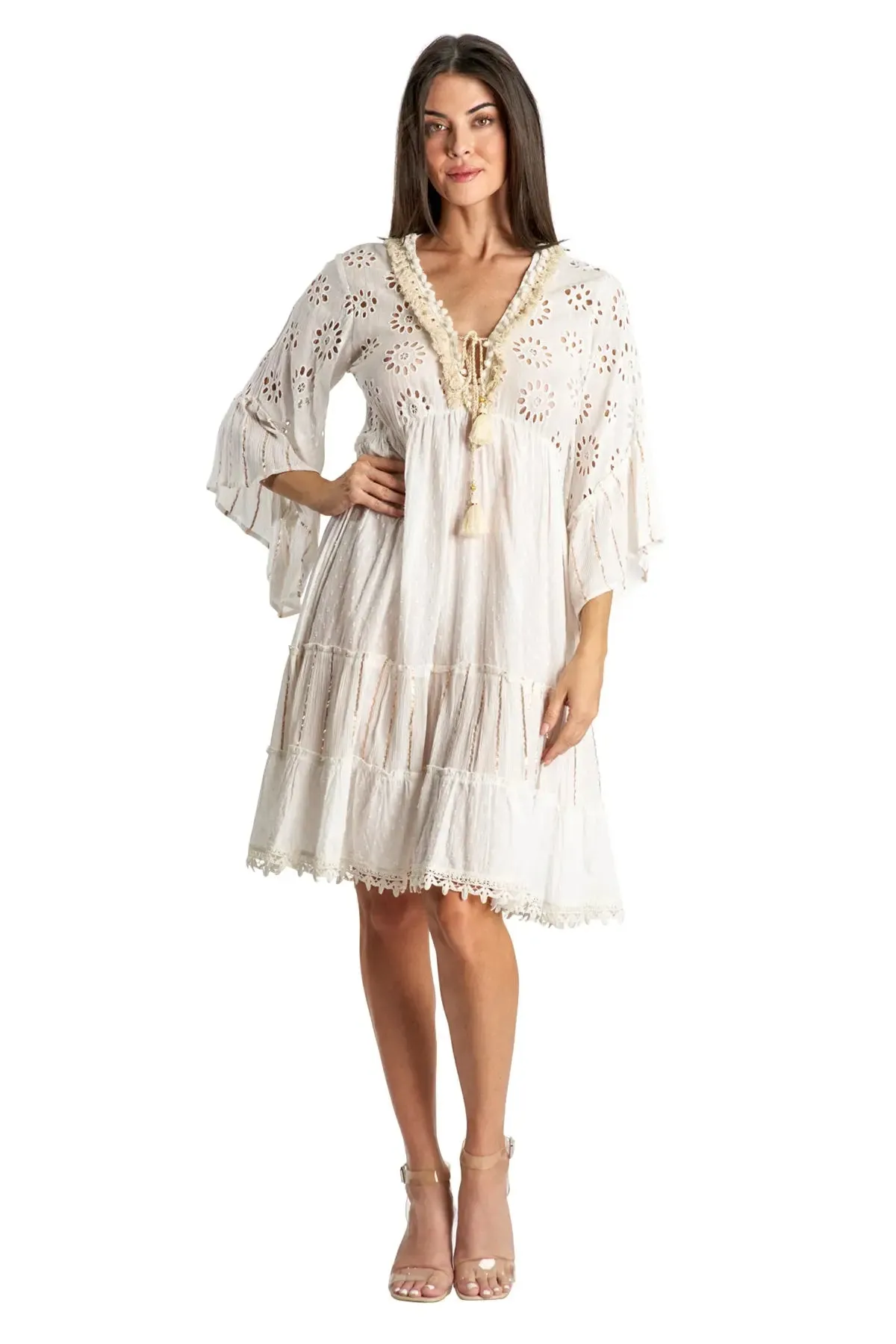 3/4 Sleeve Eyelet Resort Dress in White