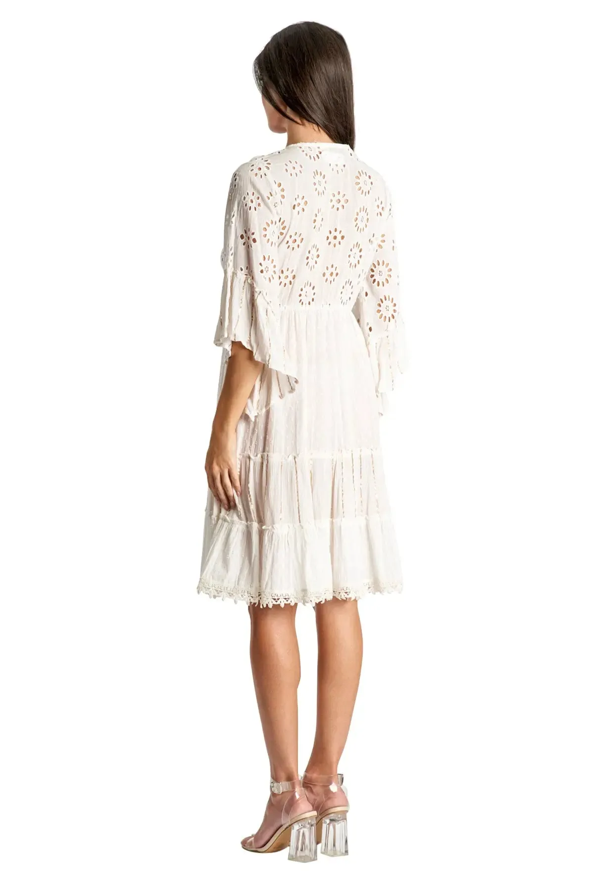 3/4 Sleeve Eyelet Resort Dress in White