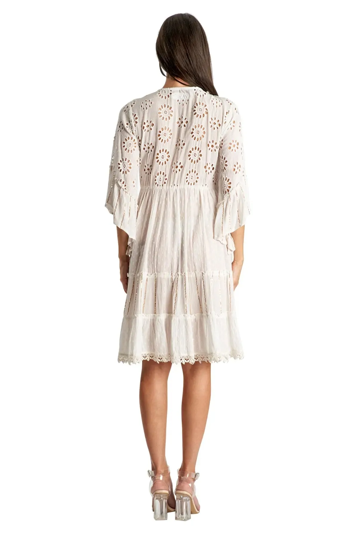 3/4 Sleeve Eyelet Resort Dress in White