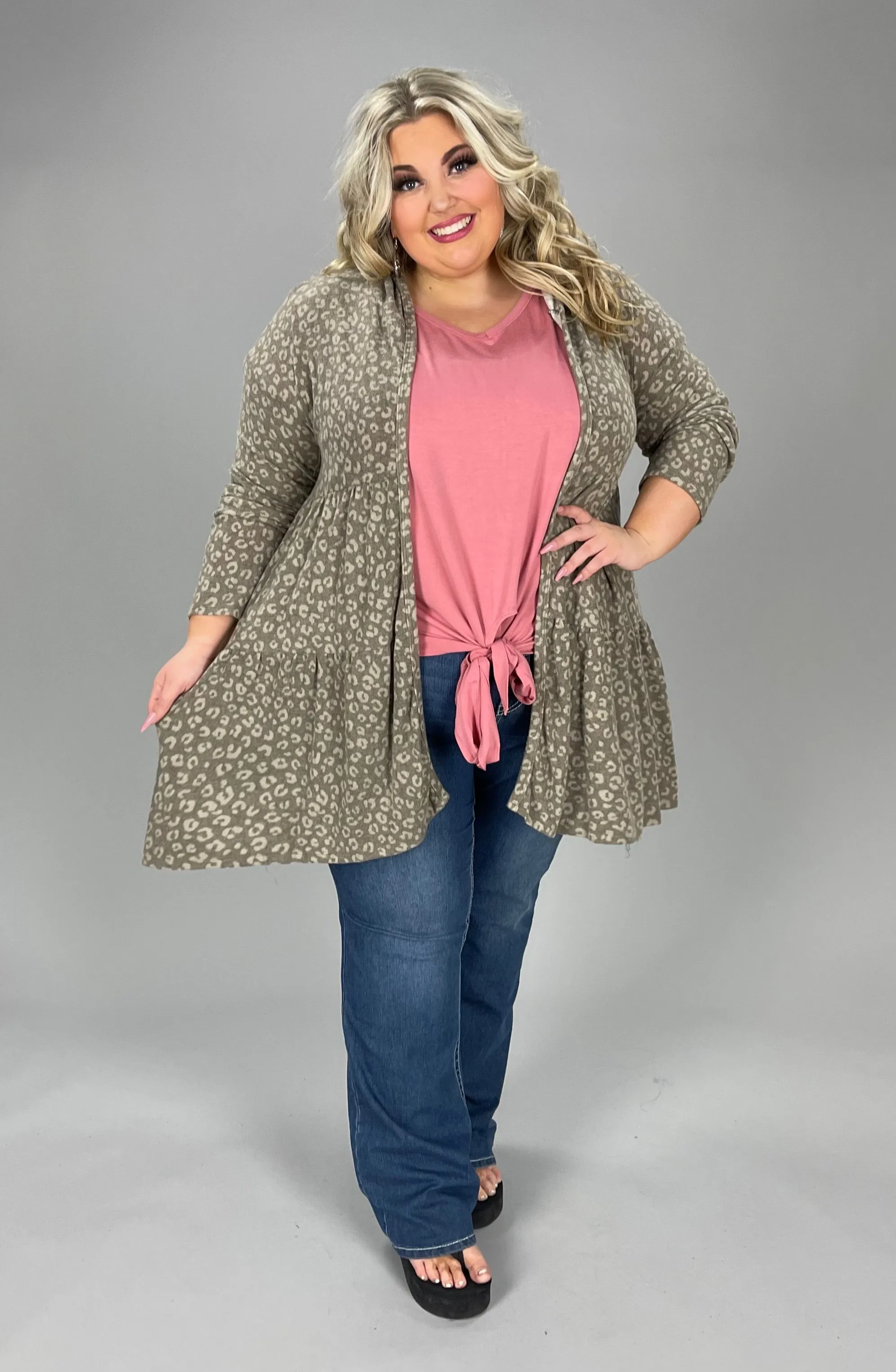 35 OT-A {Holding On} Mocha Tiered Cardigan W/Hood PLUS SIZE 1X 2X 3X