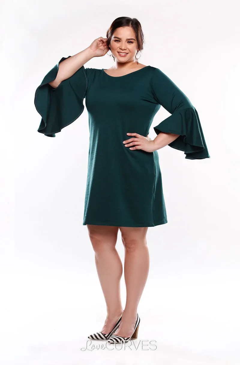 Asymmetrical Flare Sleeves Sheath Dress - Dark Green- KDR