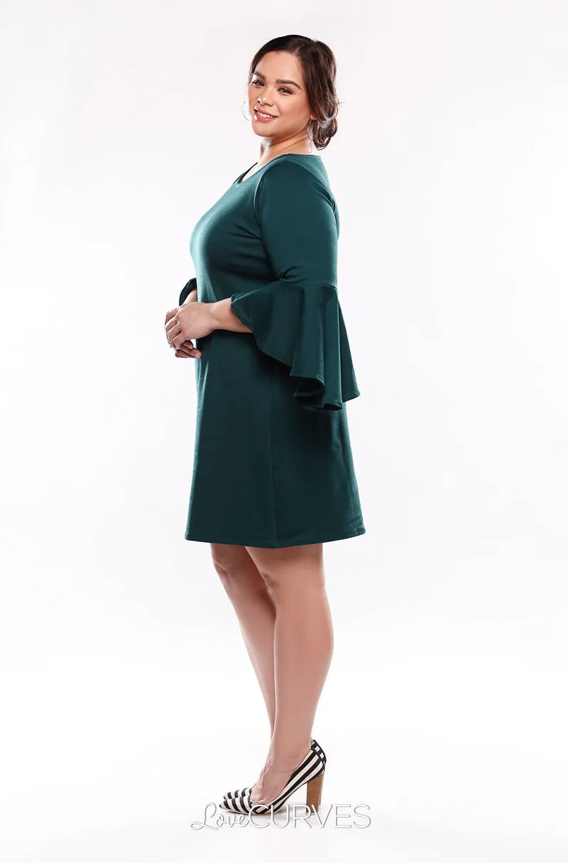 Asymmetrical Flare Sleeves Sheath Dress - Dark Green- KDR