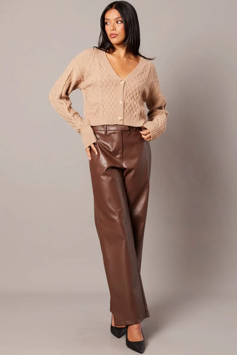 Beige Cable Knit Cardigan Long Sleeve V Neck