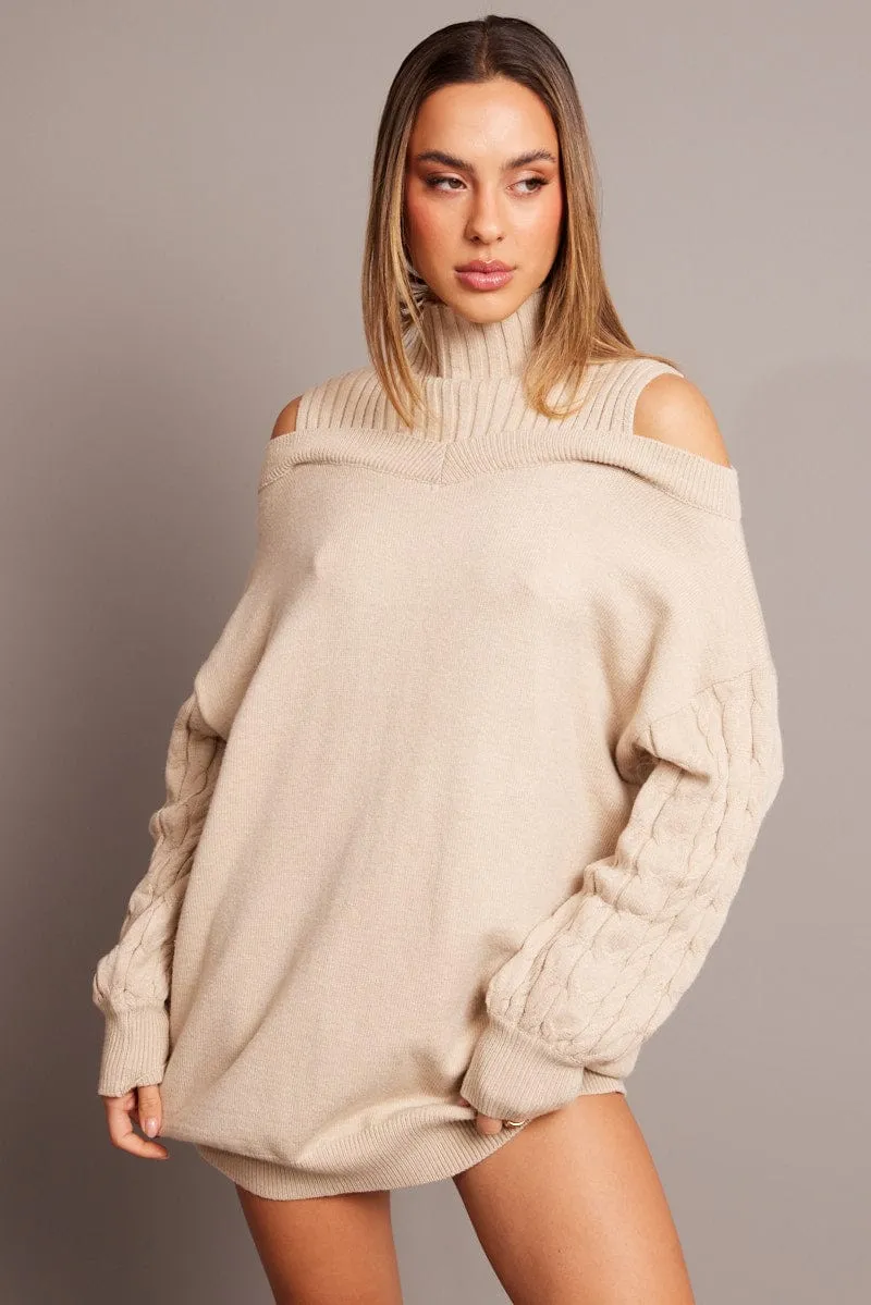 Beige Knit Dress High Neck Jumper Mini