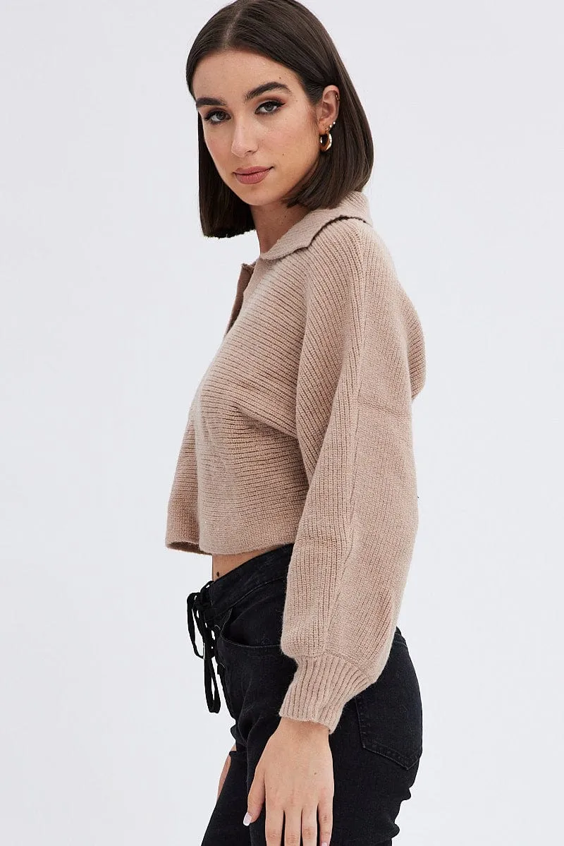 Beige Knit Jumper V-Neck Collared