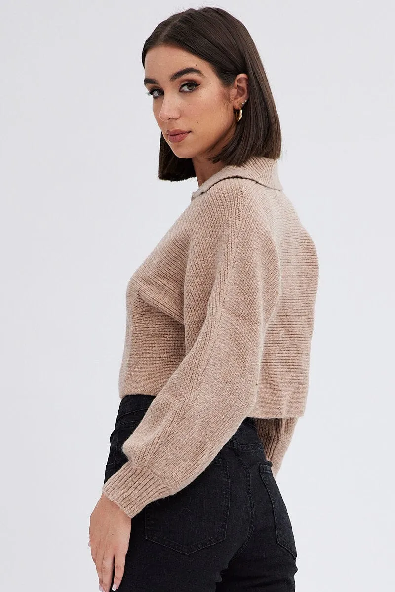 Beige Knit Jumper V-Neck Collared