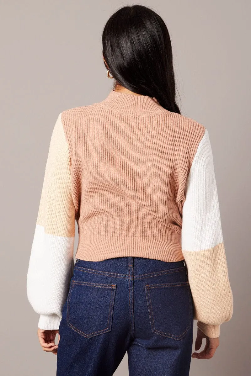 Beige Knit Top Long Sleeve Color Block