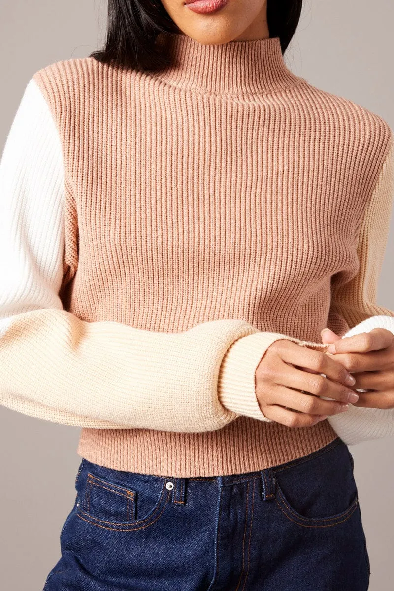 Beige Knit Top Long Sleeve Color Block