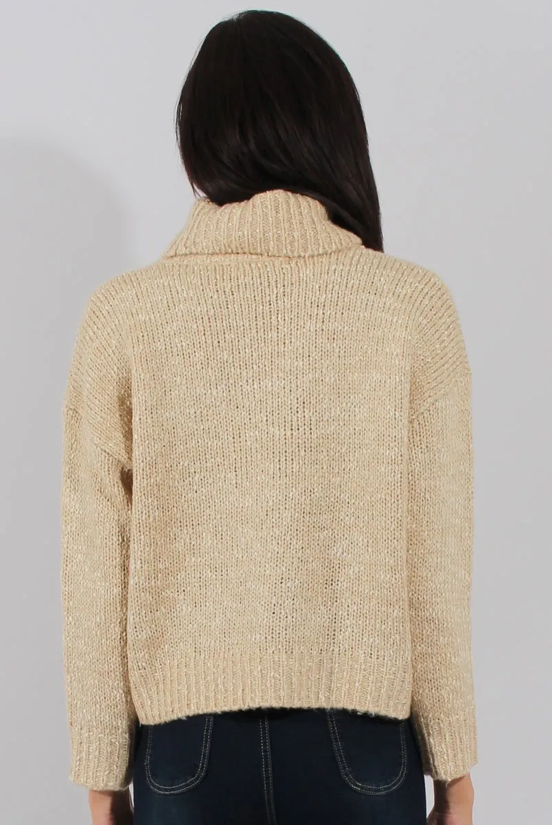 Beige Rollneck Knitted Cropped Jumper - Regean