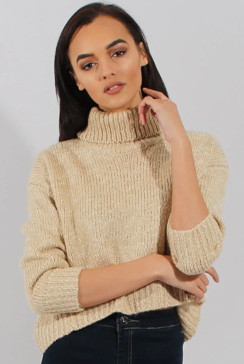 Beige Rollneck Knitted Cropped Jumper - Regean