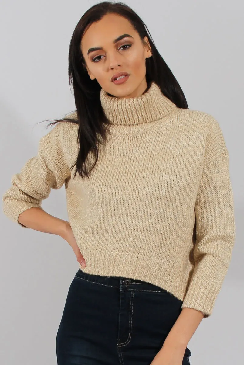 Beige Rollneck Knitted Cropped Jumper - Regean