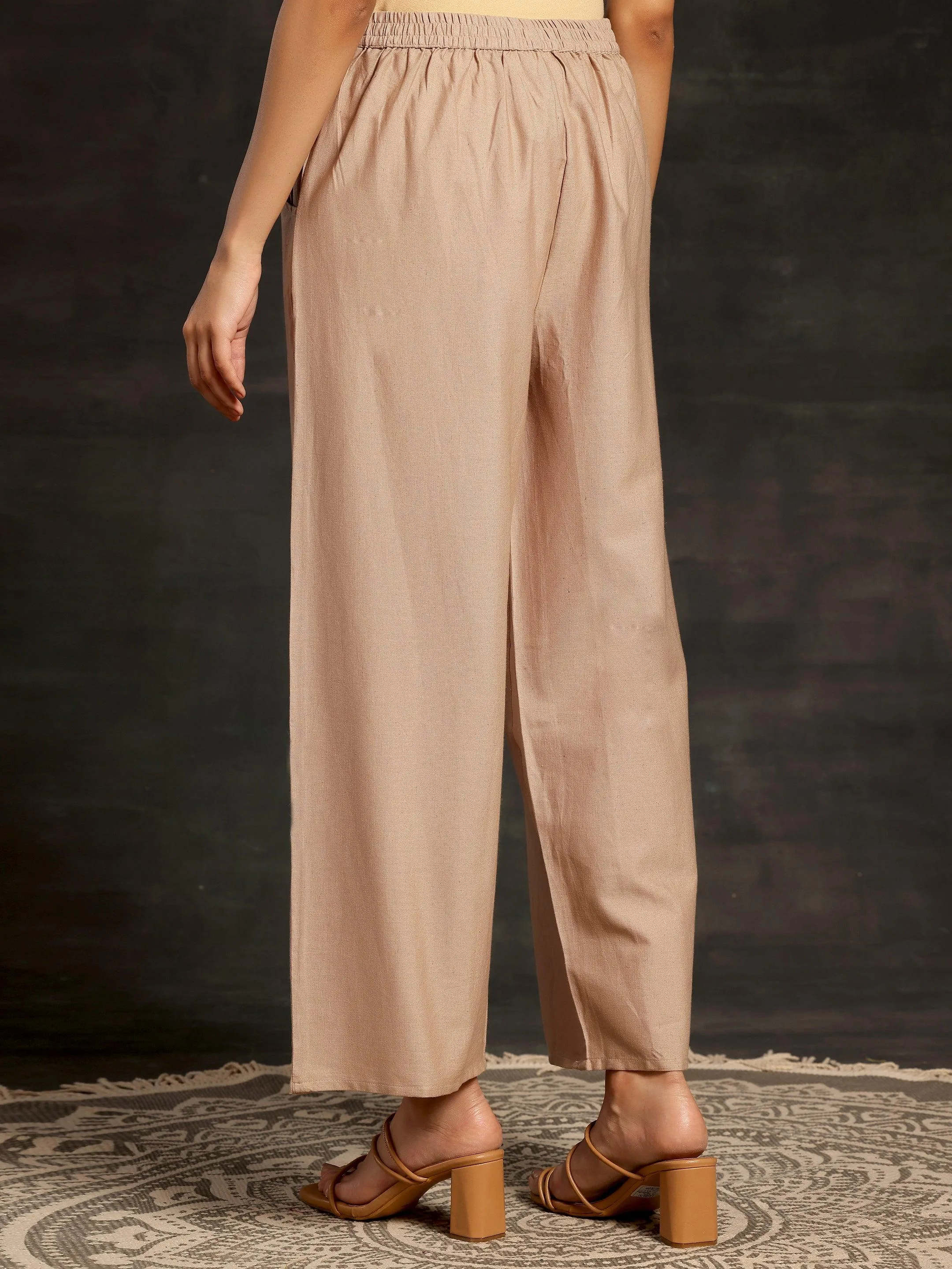 Beige Solid Cotton Wide Leg Palazzos