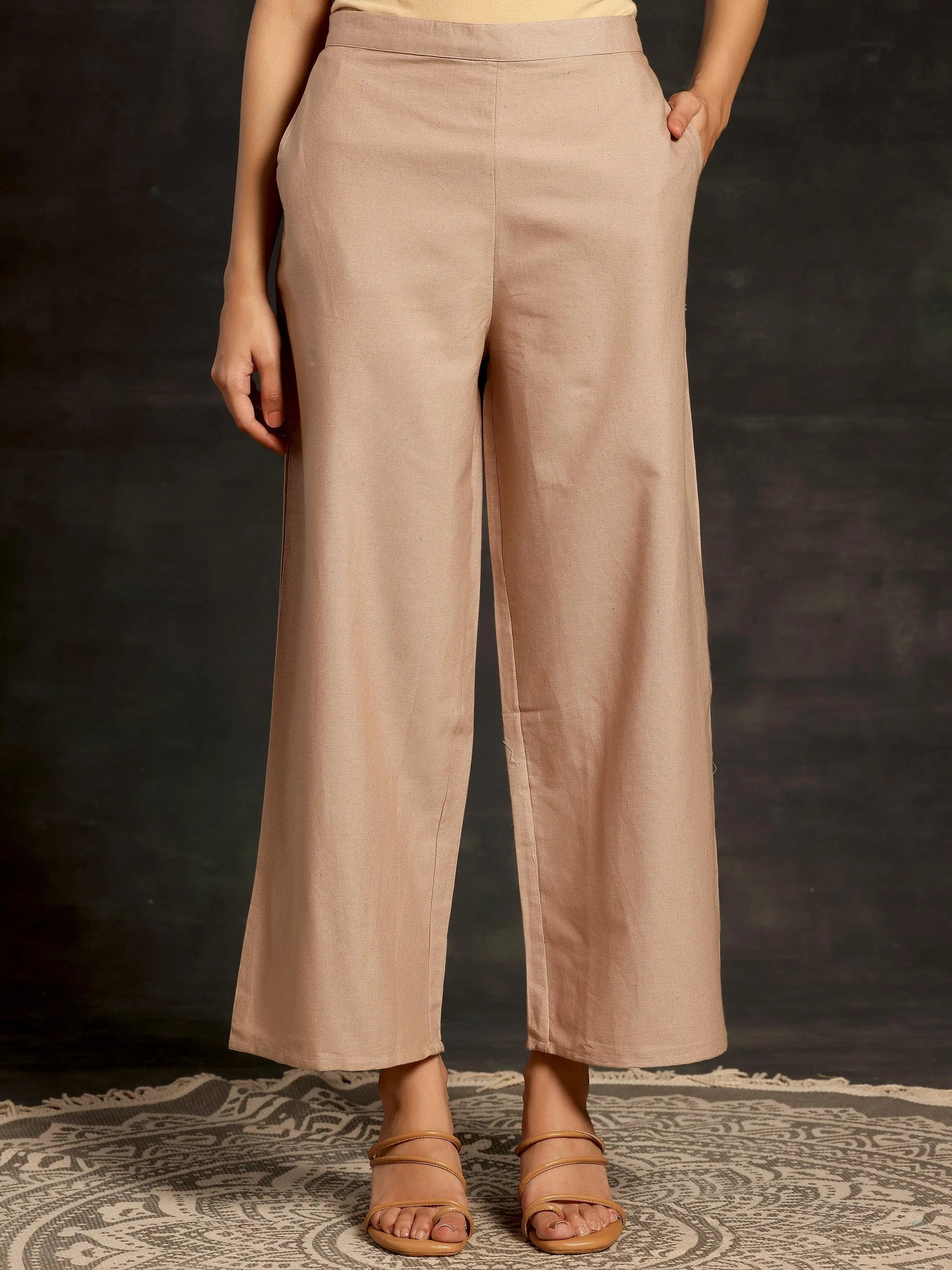 Beige Solid Cotton Wide Leg Palazzos