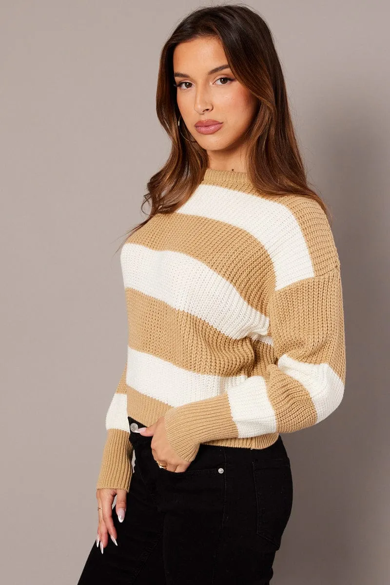 Beige Stripe Knit Jumper Long Sleeve