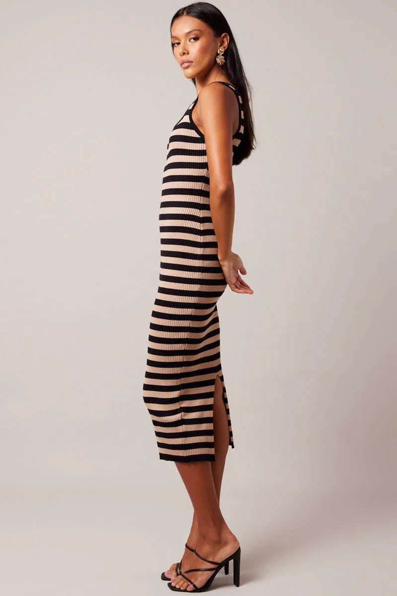 Beige Stripe Knit Midi Dress Sleeveless Scoop Neck Bodycon Rib