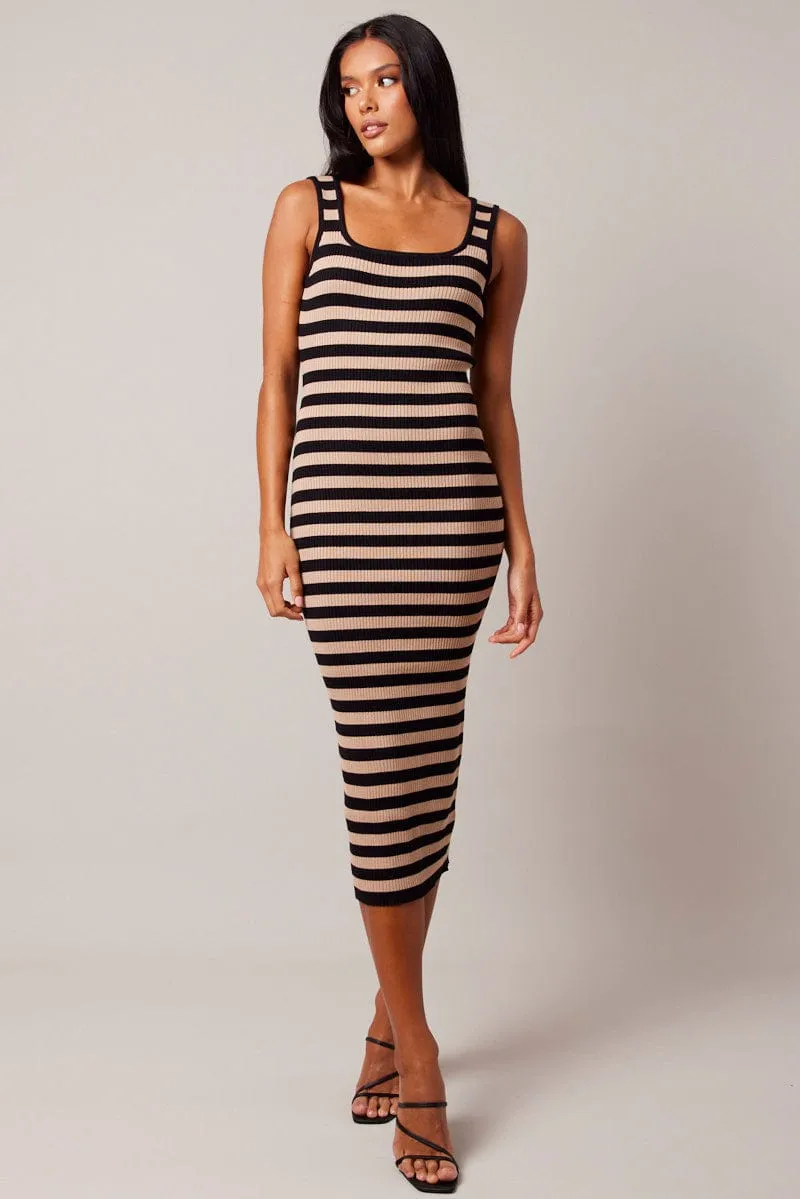 Beige Stripe Knit Midi Dress Sleeveless Scoop Neck Bodycon Rib