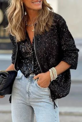 Black Sequin Zip up Round Neck Long Sleeve Jacket