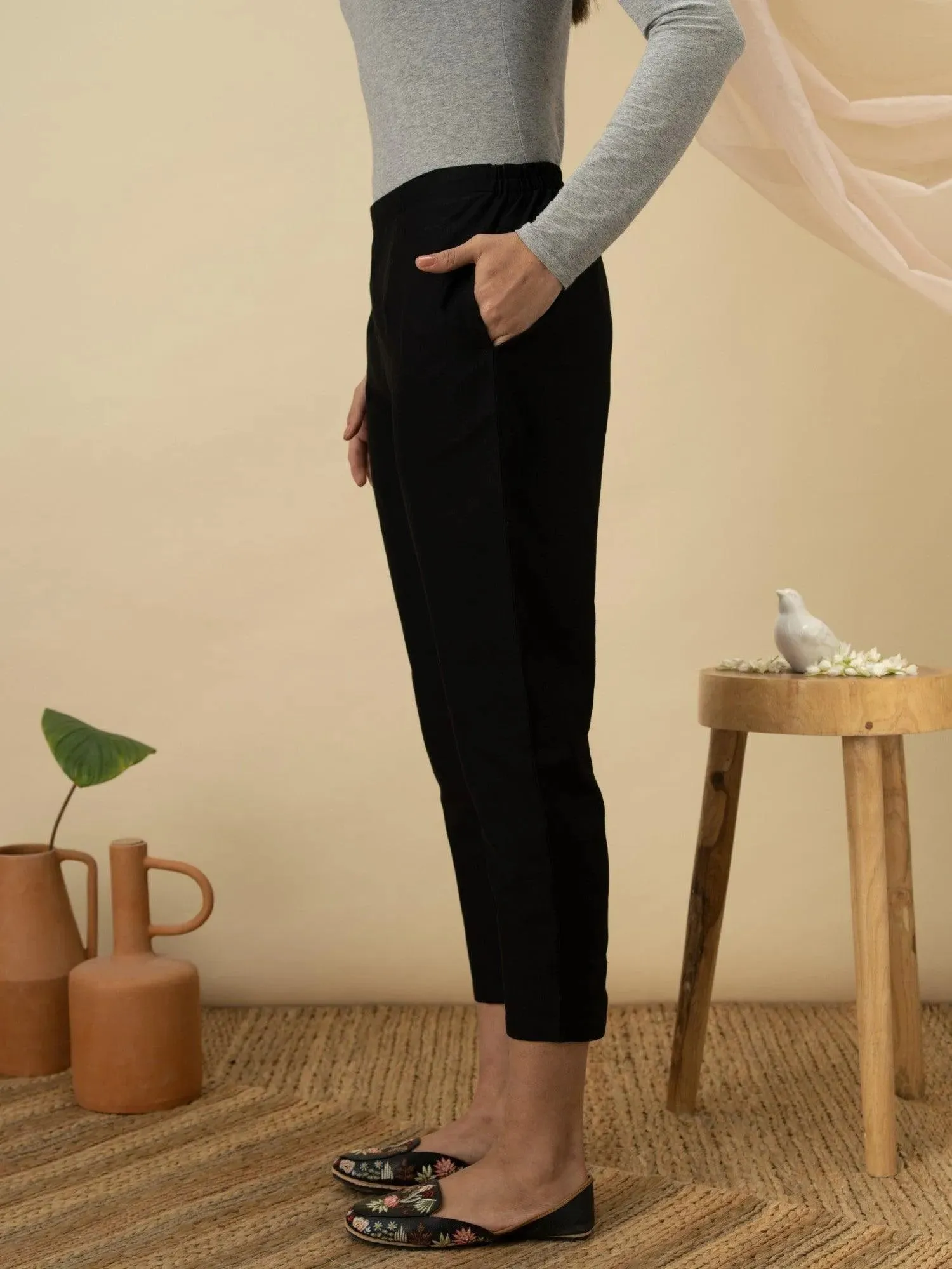 Black Solid Cotton Trousers