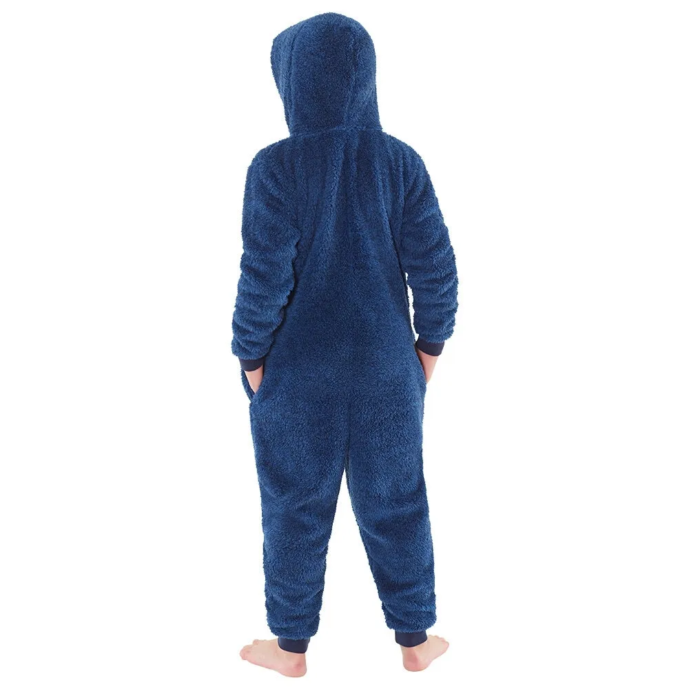 Boys Fluffy Navy Blue Fleece Onesie