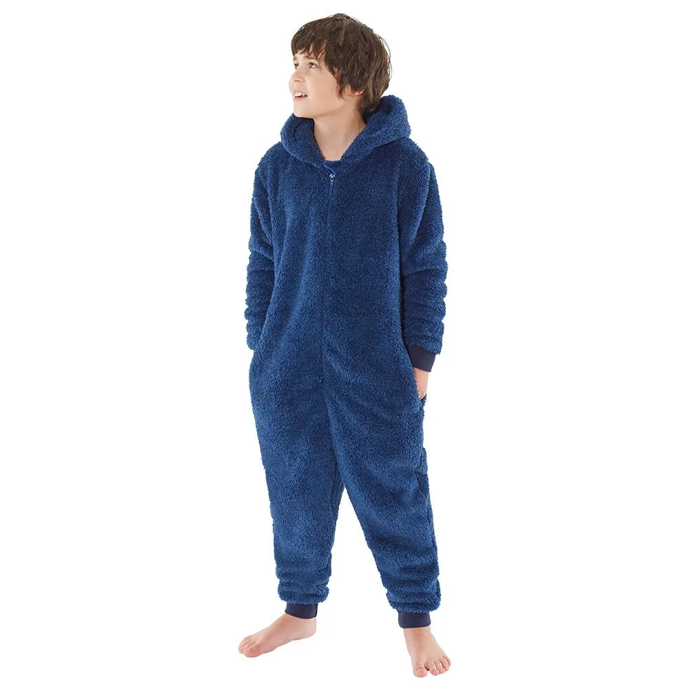 Boys Fluffy Navy Blue Fleece Onesie