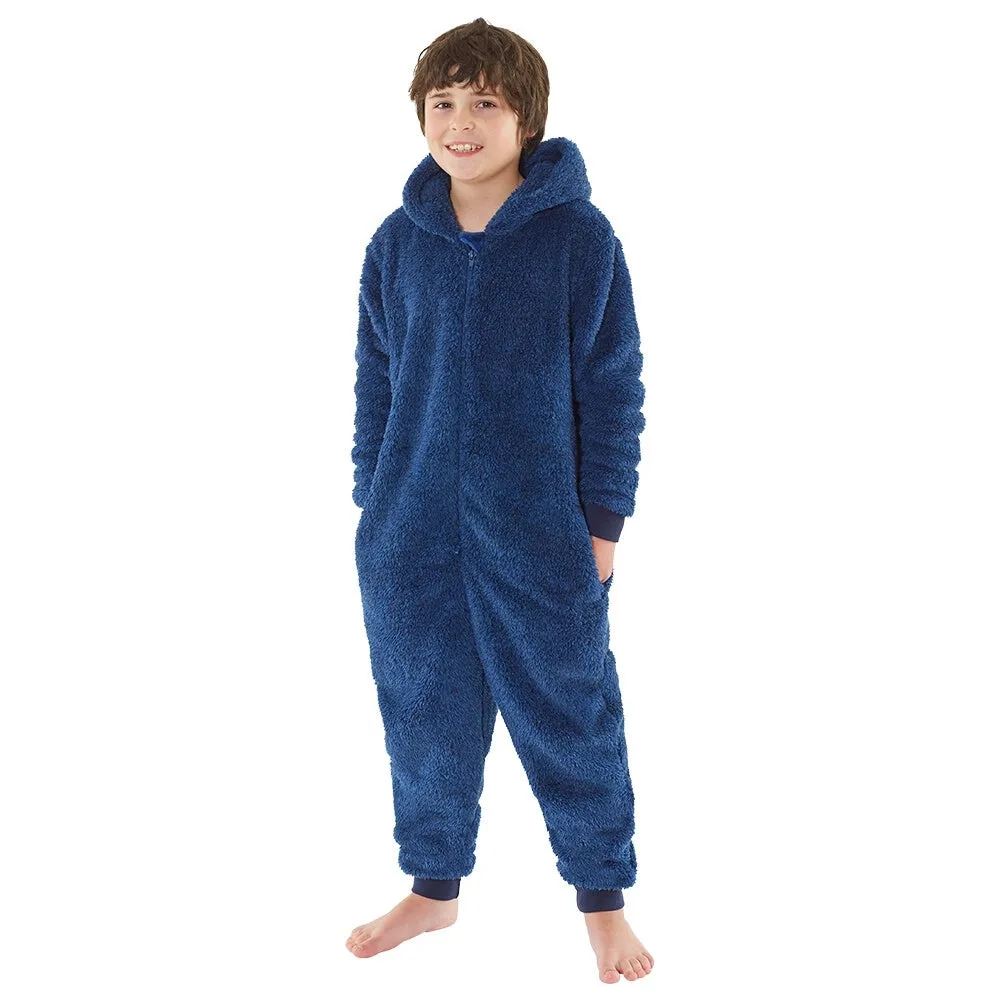 Boys Fluffy Navy Blue Fleece Onesie