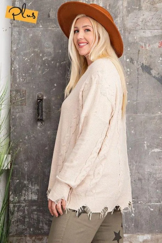 Chenille Plus Size Distressed bottom sweater in beige