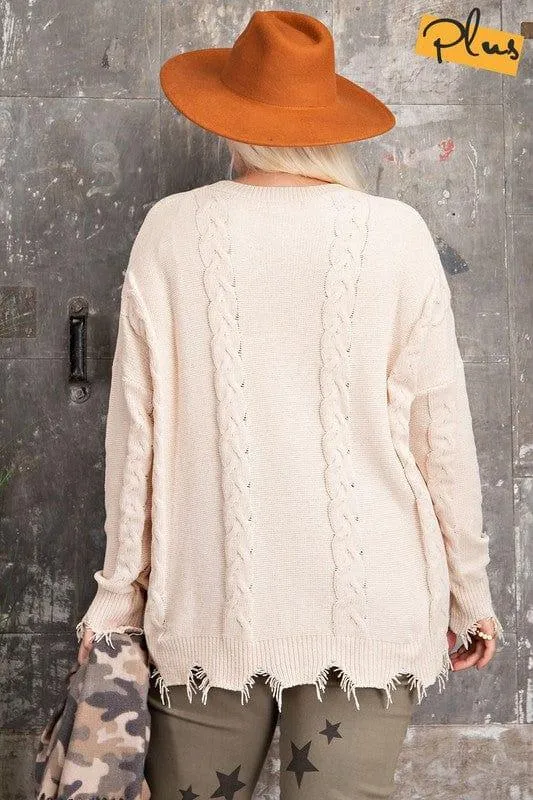 Chenille Plus Size Distressed bottom sweater in beige