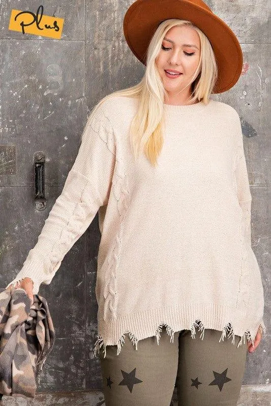 Chenille Plus Size Distressed bottom sweater in beige