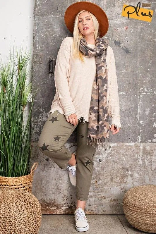 Chenille Plus Size Distressed bottom sweater in beige