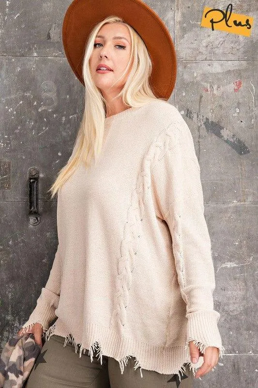 Chenille Plus Size Distressed bottom sweater in beige