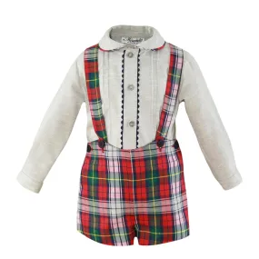 CLEARANCE DEAL - Miranda - Boys Tartan Short Dungaree & Shirt Set Age 6m