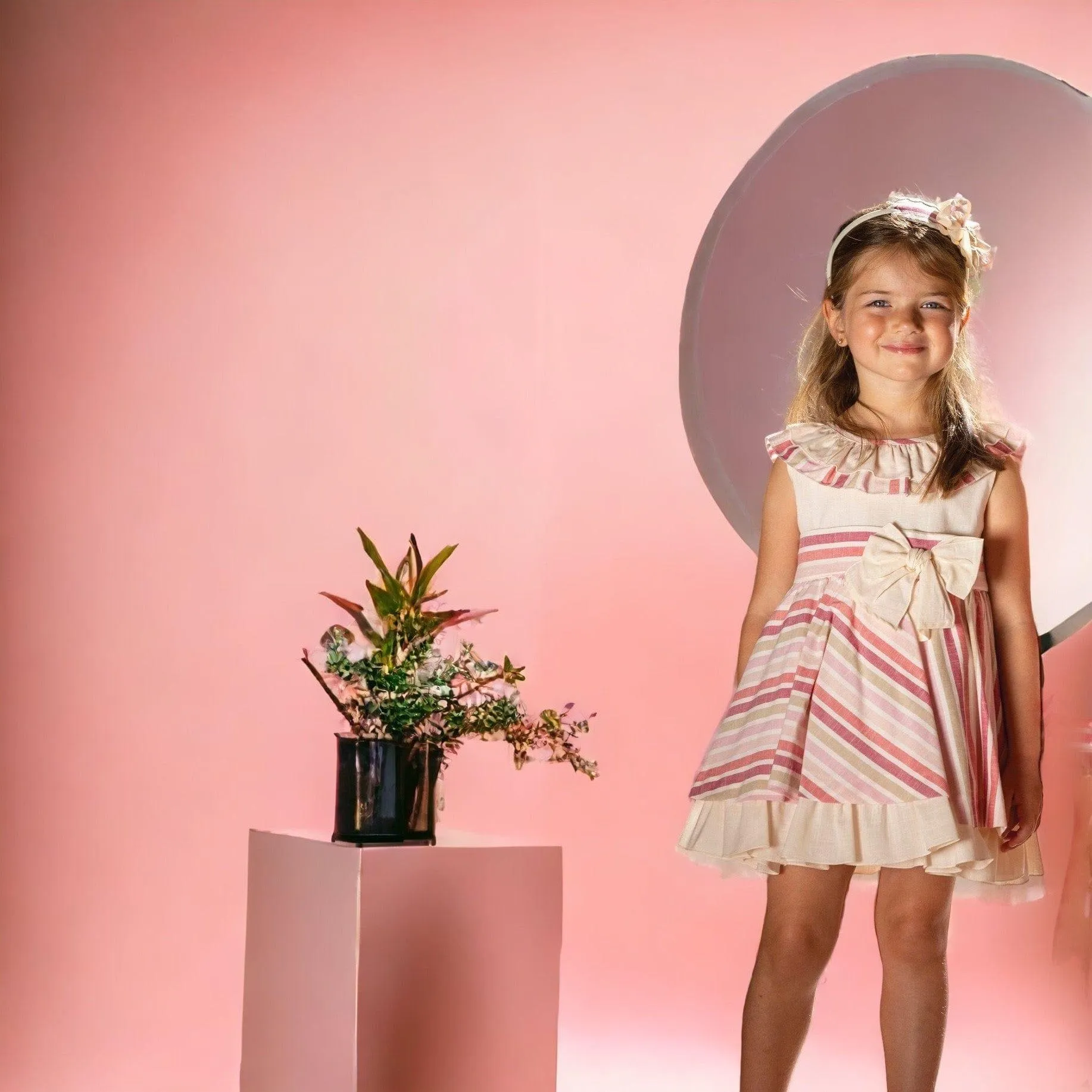 CLEARANCE SALE - DBB Collection - Girls Beige & Pink Stripe Dress