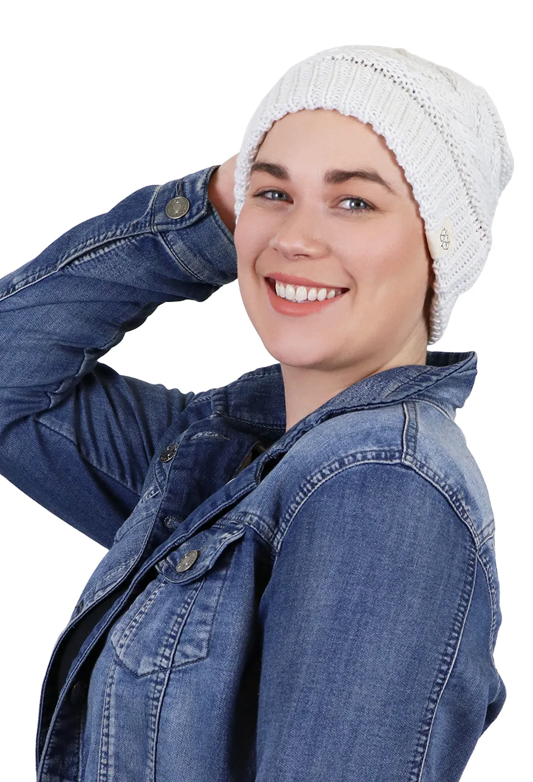 Comfy Cap Cable Knit Beanie Chemo Headwear Made From Recycled Water Bottles