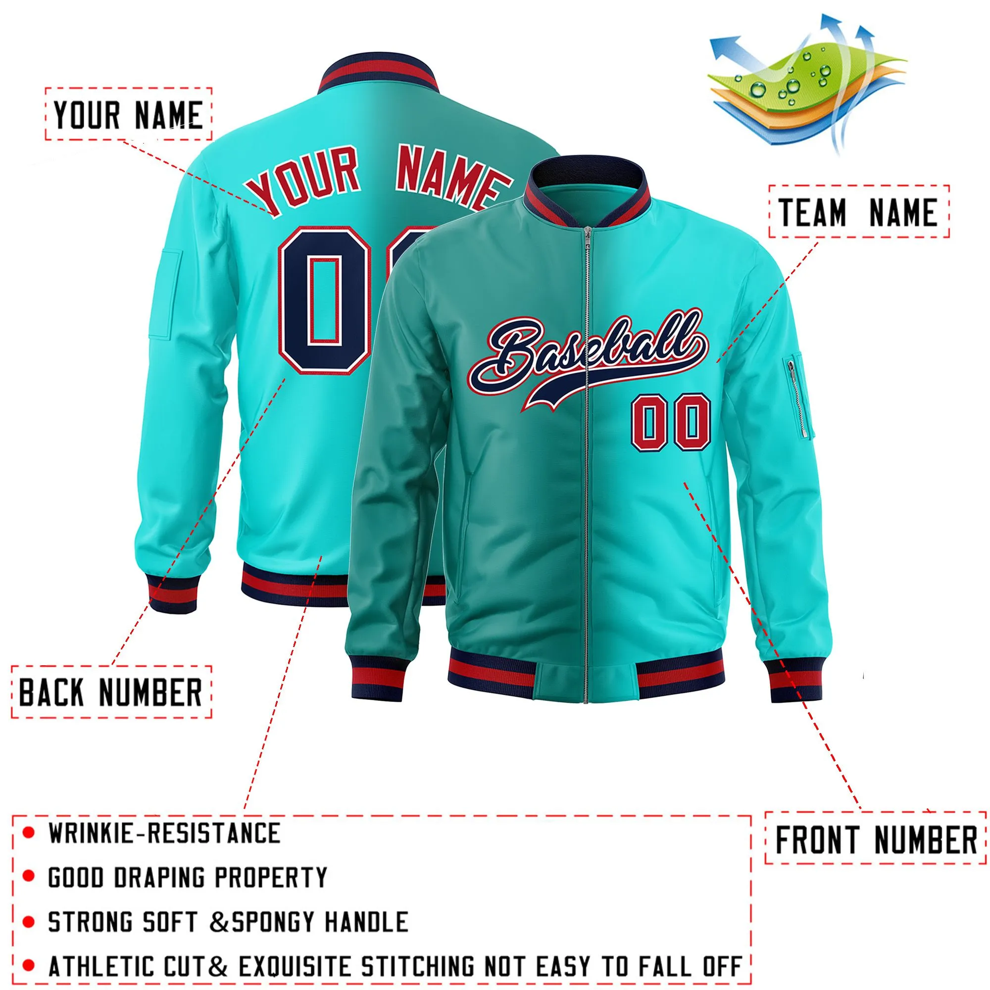 Custom Aqua Bright Green Full-Zip Gradient Fashion Letterman Bomber Jacket