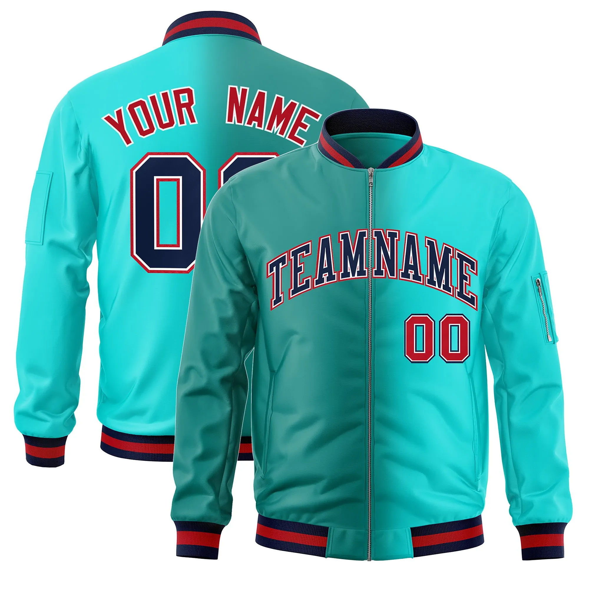 Custom Aqua Bright Green Full-Zip Gradient Fashion Letterman Bomber Jacket