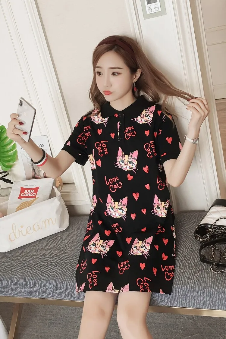 Cute Cat Print Femme Dresses