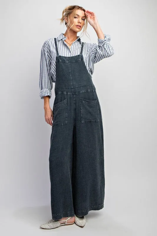 Easel Plus Size Washed cotton jumpsuit/ Overalls in faded BLACK