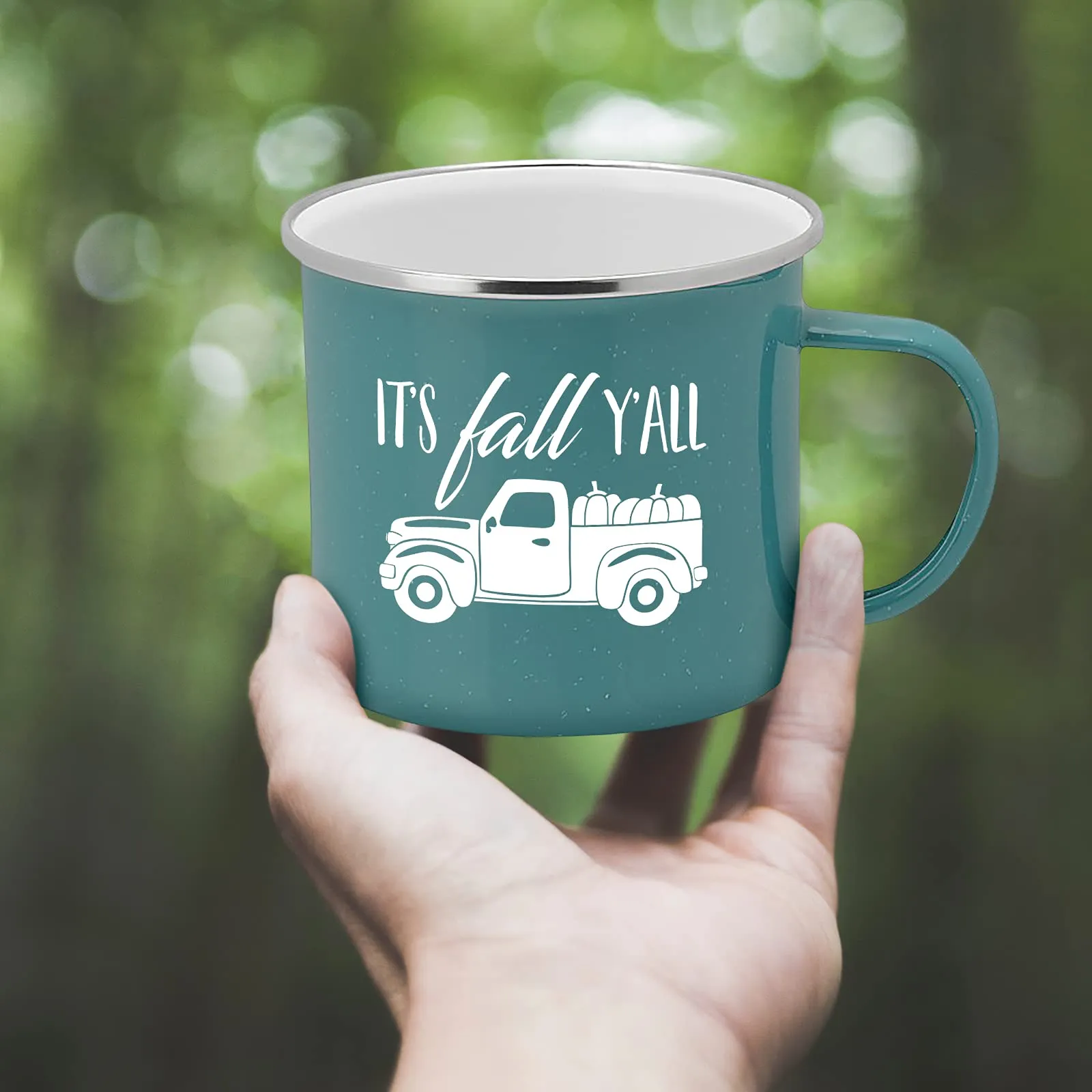 Fall Truck Enamel Camping Coffee Mug "It's Fall Y'all" Tin Cup 15 Ounce (Teal)