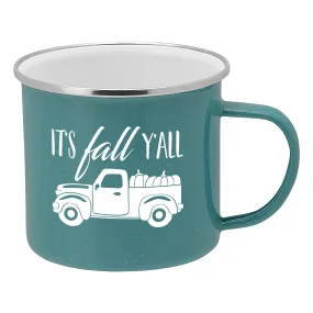 Fall Truck Enamel Camping Coffee Mug "It's Fall Y'all" Tin Cup 15 Ounce (Teal)