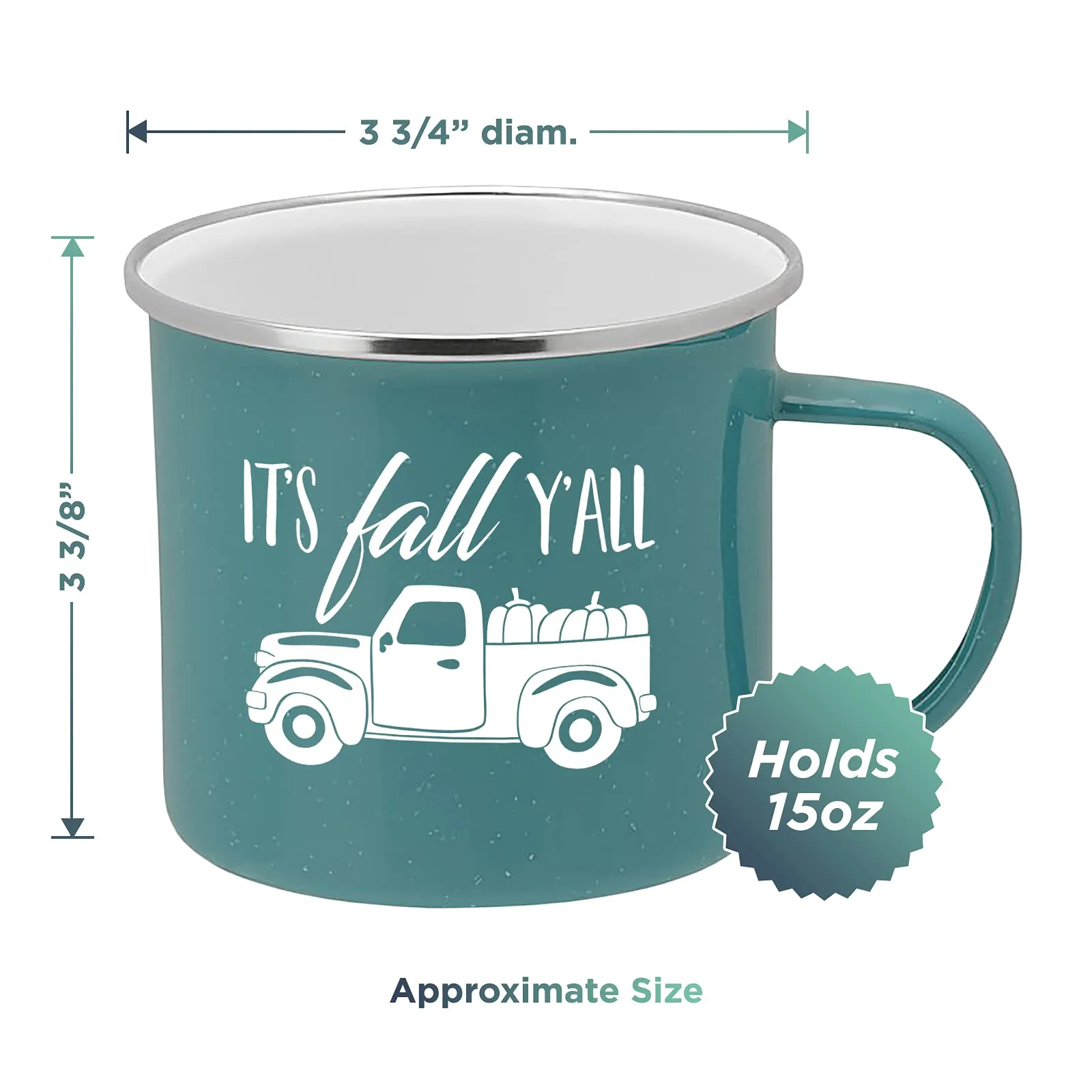 Fall Truck Enamel Camping Coffee Mug "It's Fall Y'all" Tin Cup 15 Ounce (Teal)