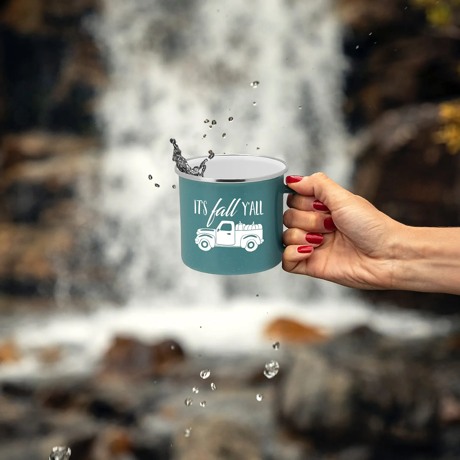 Fall Truck Enamel Camping Coffee Mug "It's Fall Y'all" Tin Cup 15 Ounce (Teal)