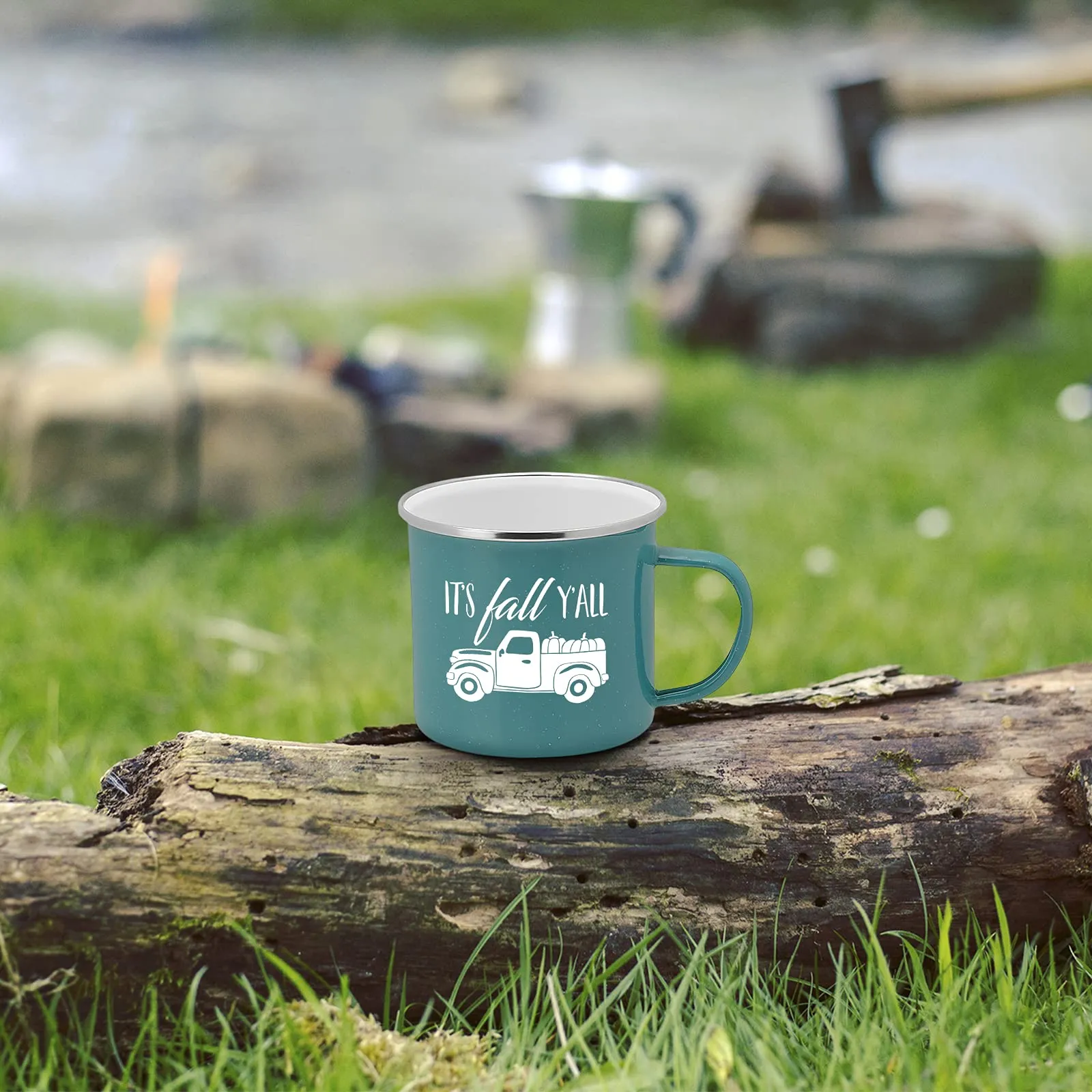 Fall Truck Enamel Camping Coffee Mug "It's Fall Y'all" Tin Cup 15 Ounce (Teal)