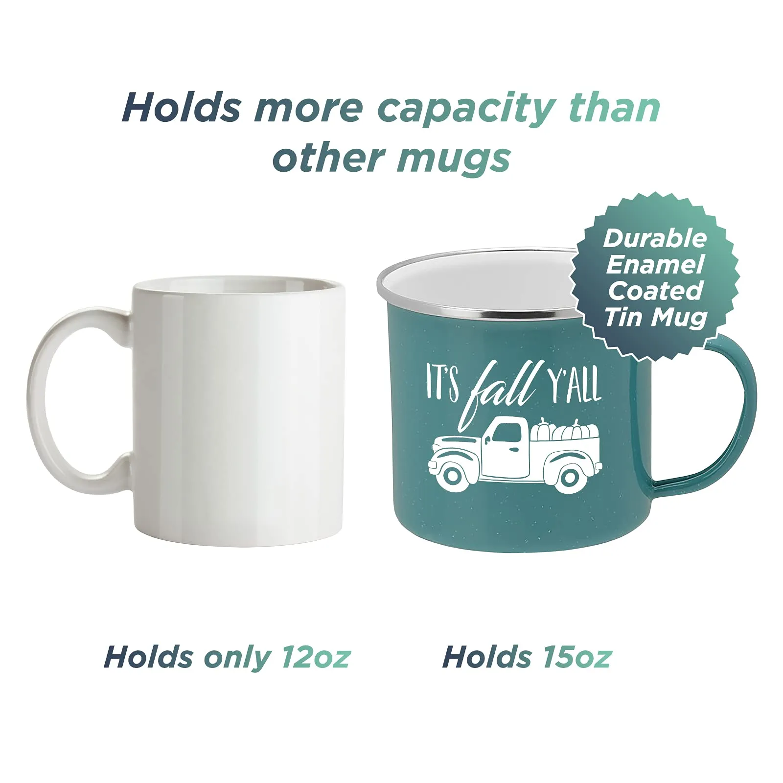 Fall Truck Enamel Camping Coffee Mug "It's Fall Y'all" Tin Cup 15 Ounce (Teal)