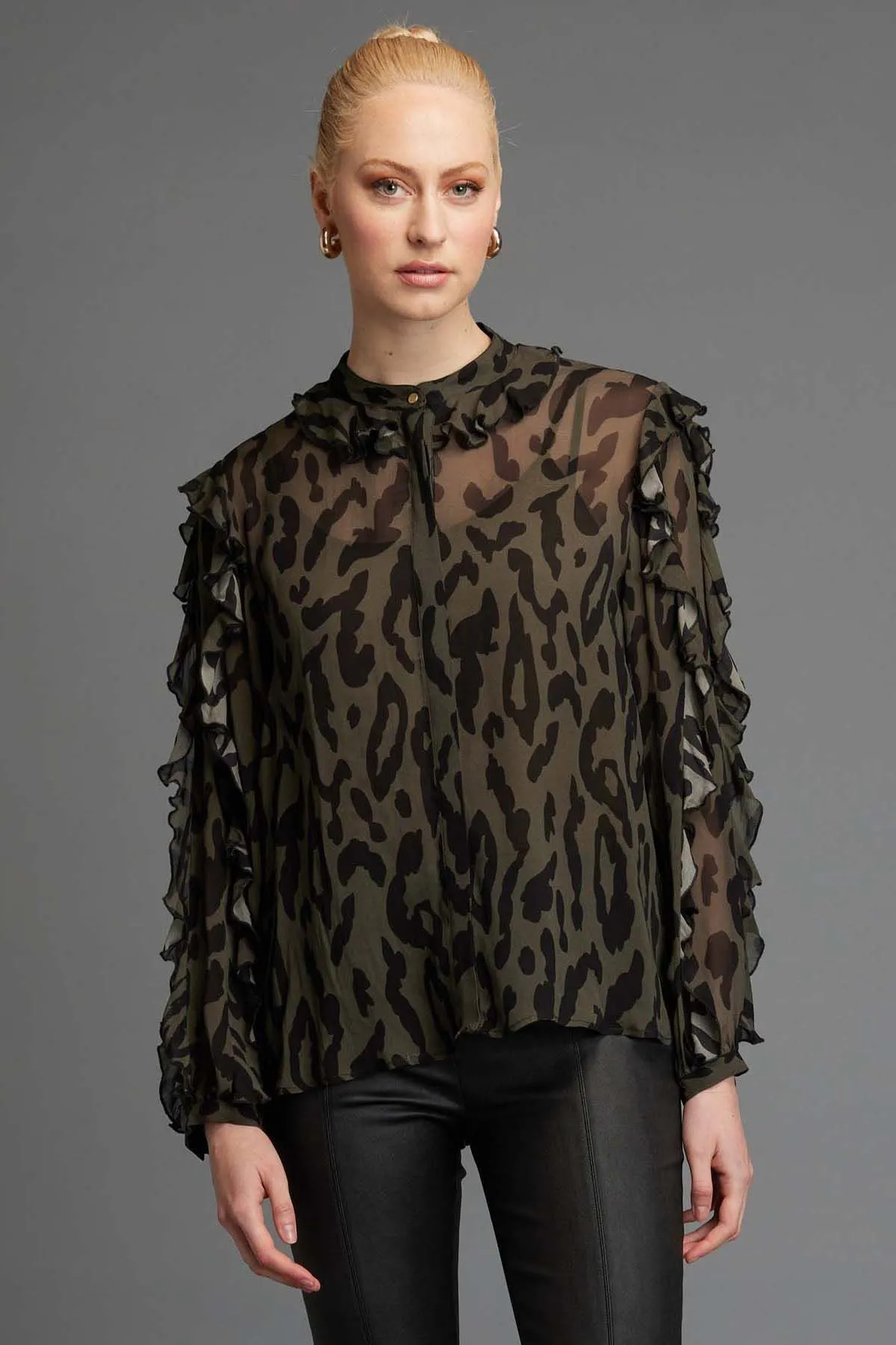 Fate   Becker Dreaming Frill Sleeve Top in Khaki Animal