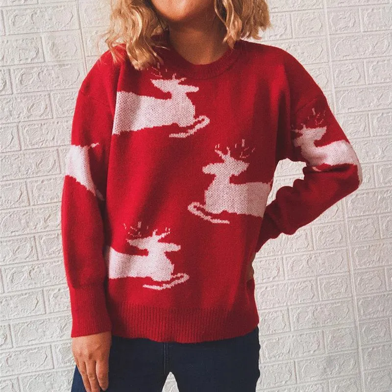 Fawn bell round neck long sleeve red christmas sweater