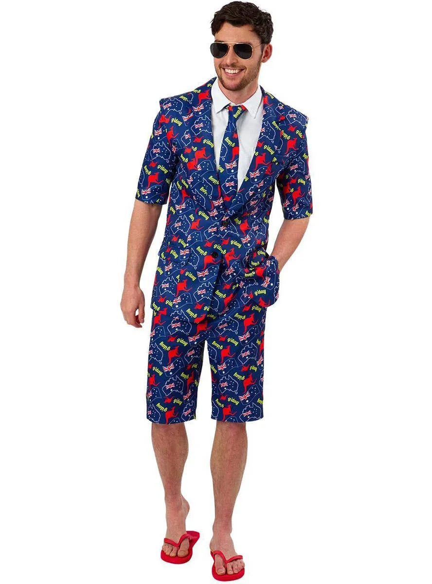 G'Day Plus Size Mens Blue Australian Print Short Sleeve Costume Suit