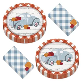 Gingham Plaid Fall Pumpkin Oval Paper Dinner Plates and Dinner Napkins (Serves 16)