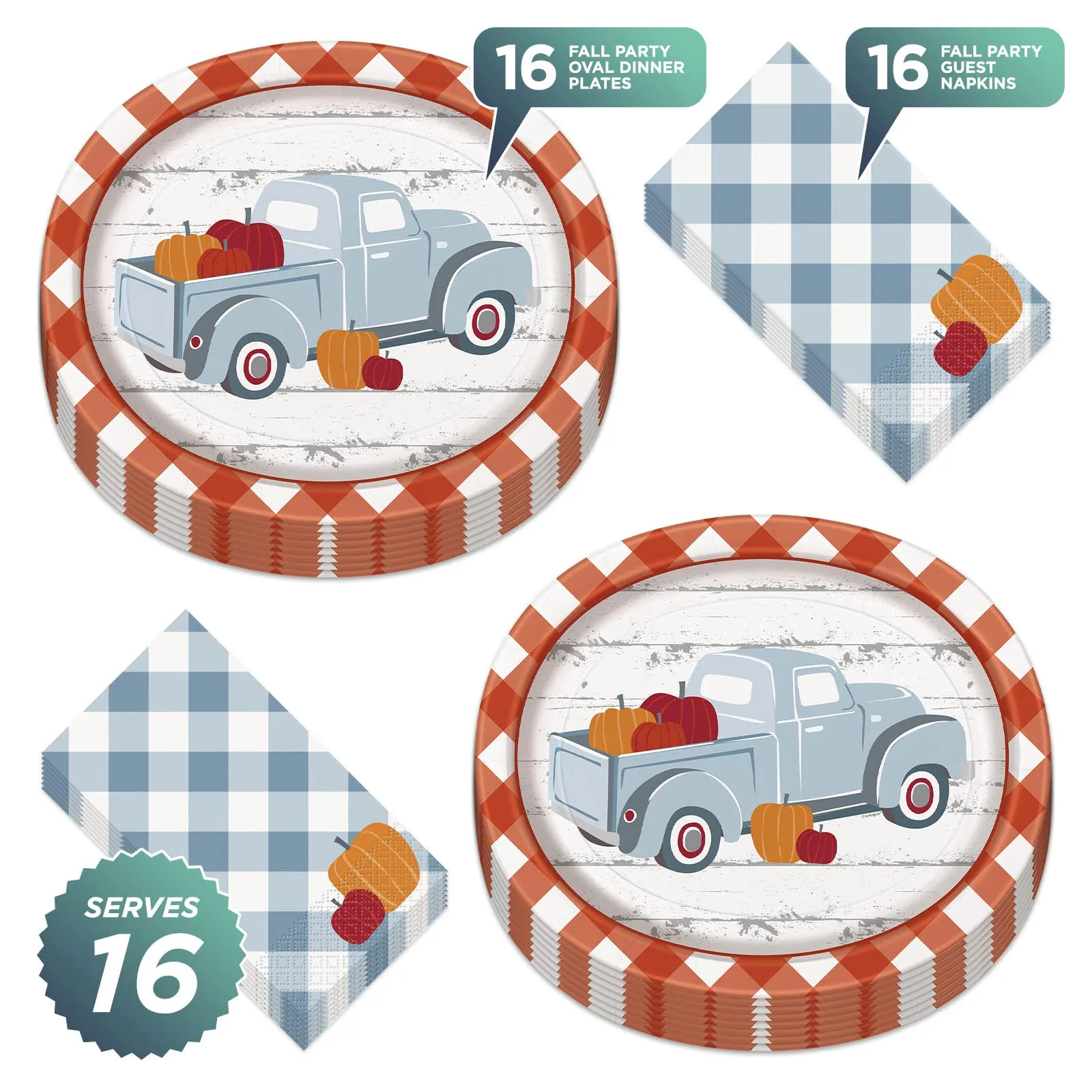 Gingham Plaid Fall Pumpkin Oval Paper Dinner Plates and Dinner Napkins (Serves 16)