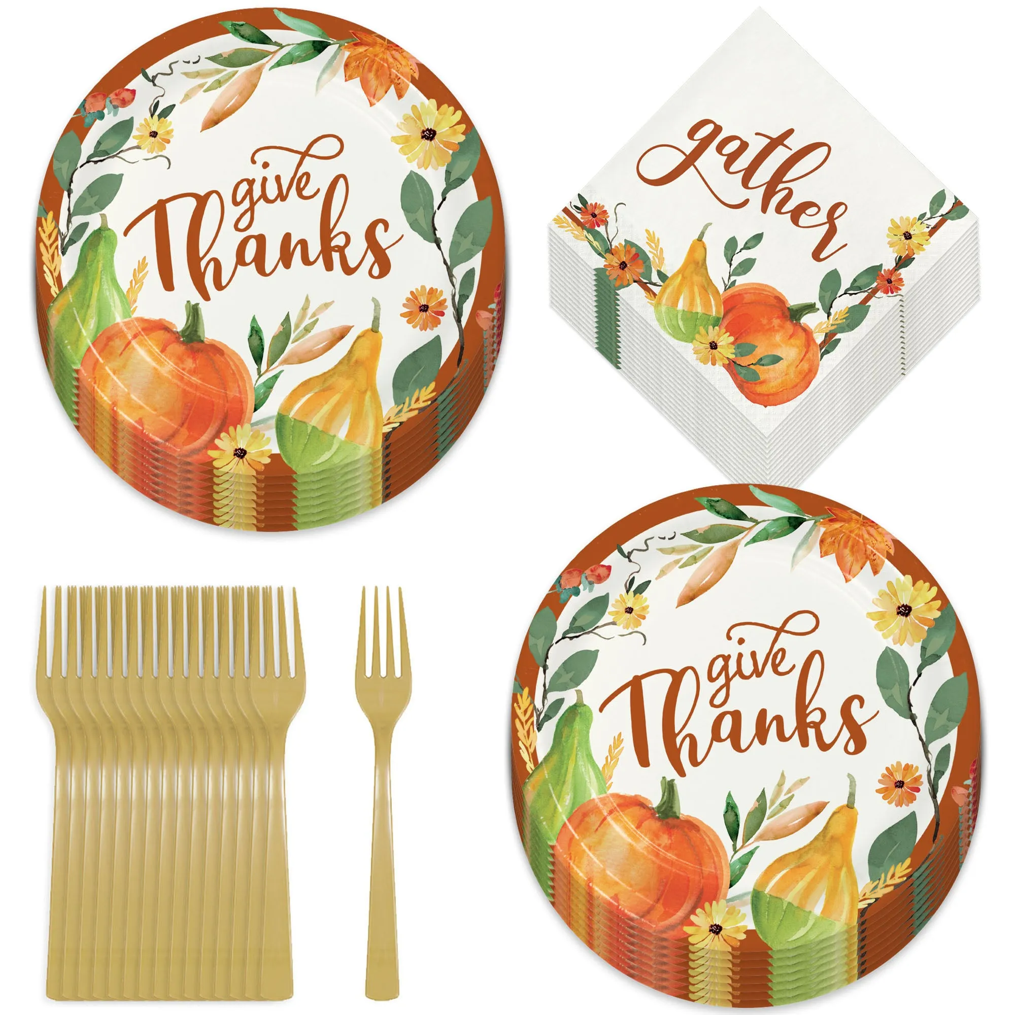 Giving Thanks Colorful Harvest Paper Dinner Plates, Napkins & Forks for Fall & Thanksgiving Parties